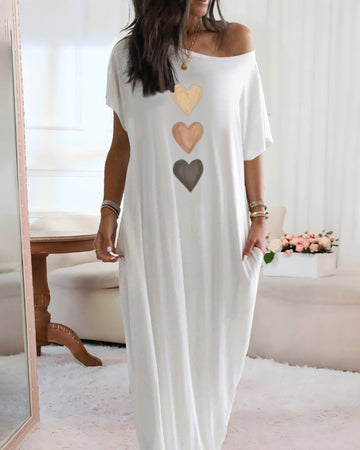 Heart Pattern Cold Shoulder Short Sleeve Maxi Dress Casual Pocket Design Loose Fit Dress